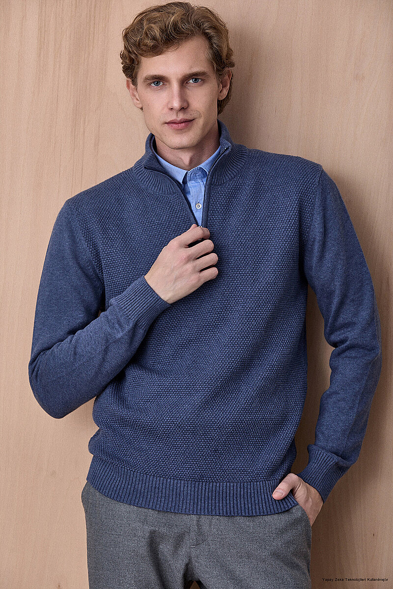 Denim %100 Pamuk Fermuarlı Kazak