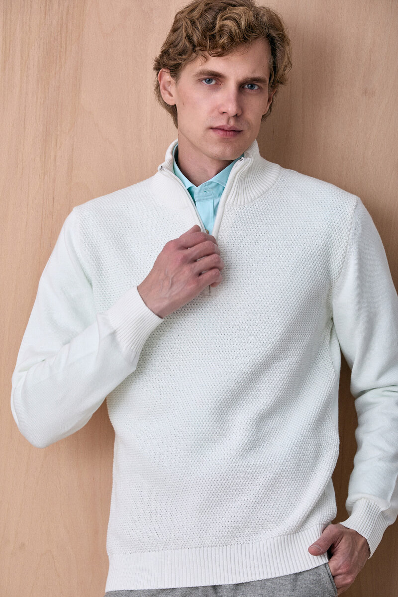 Kırık Beyaz %100 Pamuk Fermuarlı Kazak - 3