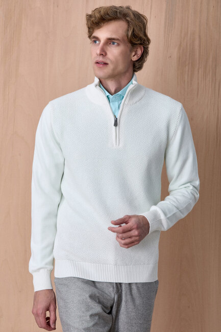 Kırık Beyaz %100 Pamuk Fermuarlı Kazak - 4