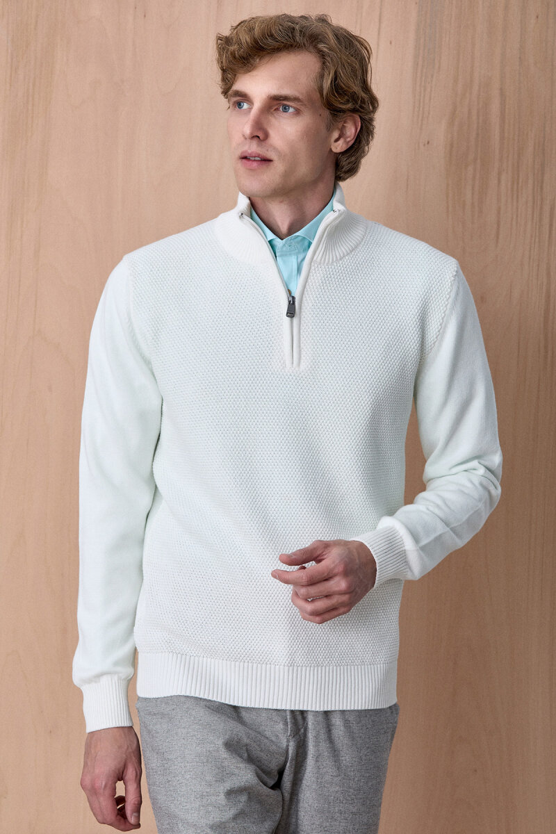 Kırık Beyaz %100 Pamuk Fermuarlı Kazak - 4