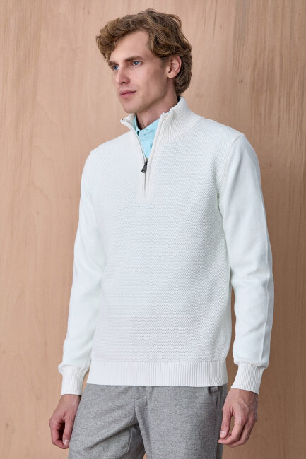 Kırık Beyaz %100 Pamuk Fermuarlı Kazak - 5