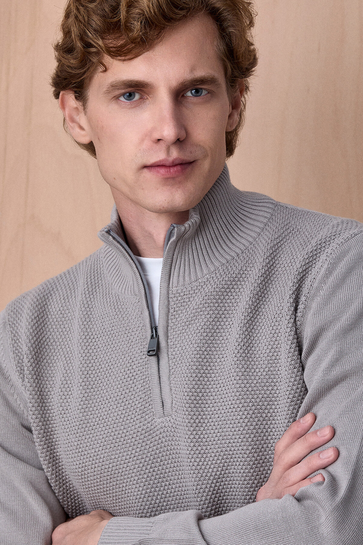 Taş Rengi %100 Pamuk Fermuarlı Kazak - 2