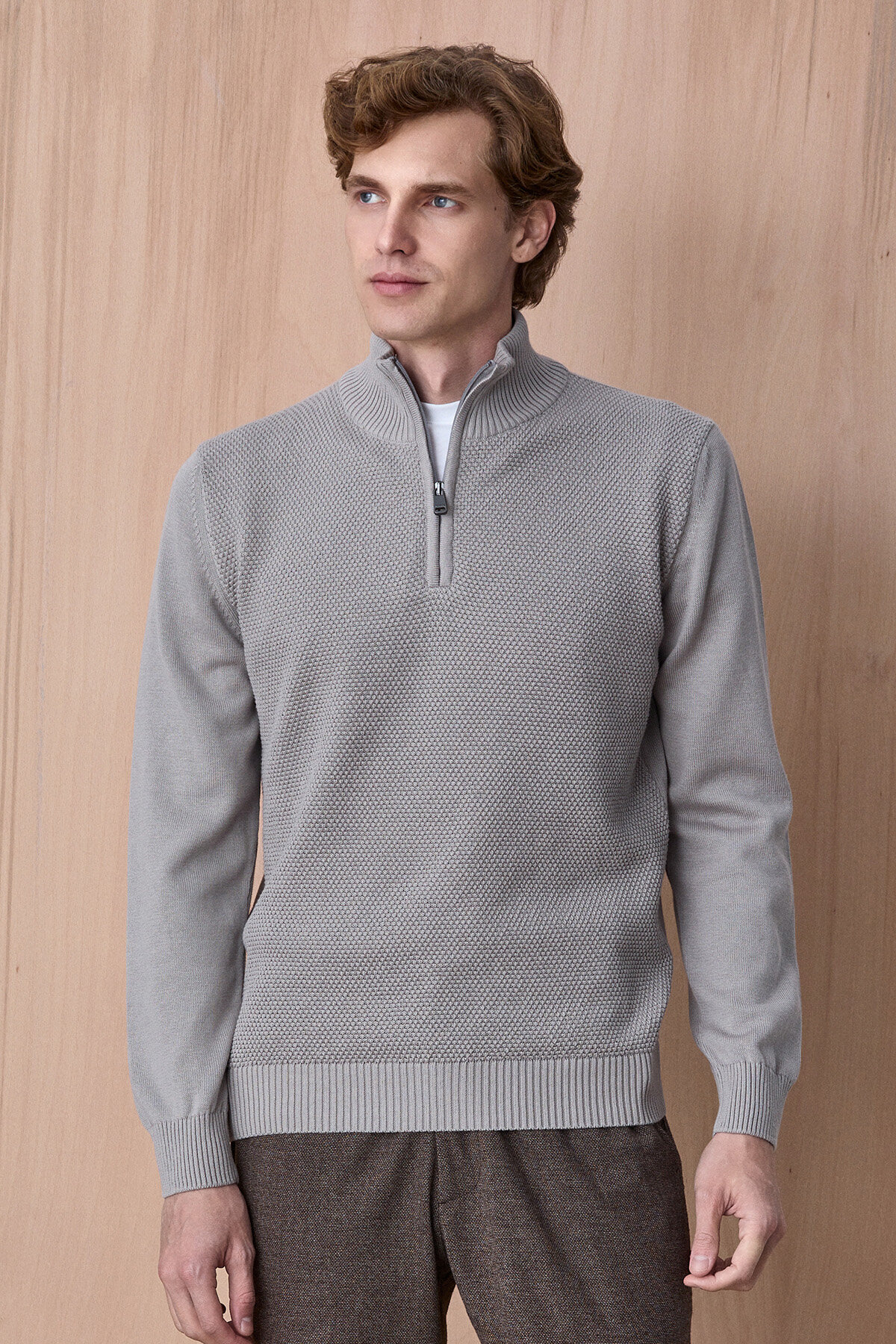 Taş Rengi %100 Pamuk Fermuarlı Kazak - 3