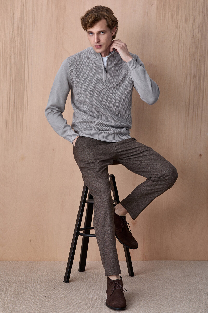 Taş Rengi %100 Pamuk Fermuarlı Kazak - 4