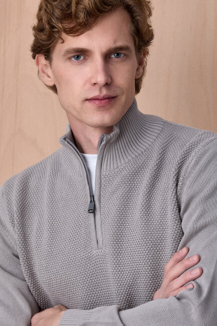 Taş Rengi %100 Pamuk Fermuarlı Kazak - 2