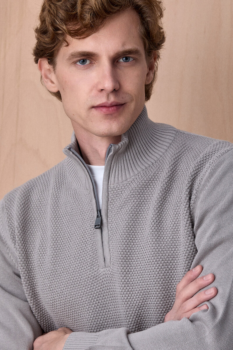 Taş Rengi %100 Pamuk Fermuarlı Kazak (1)