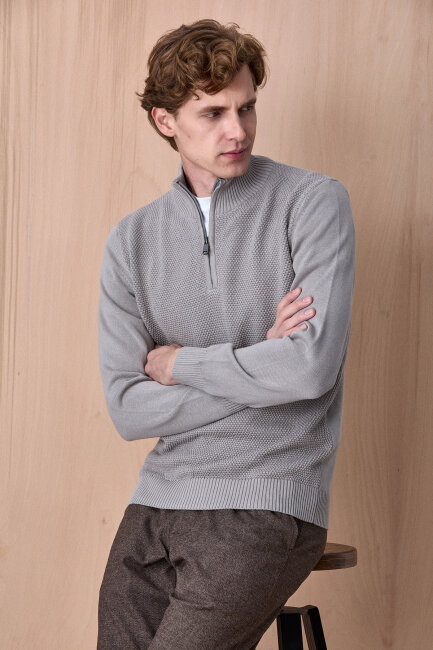 Taş Rengi %100 Pamuk Fermuarlı Kazak - 5