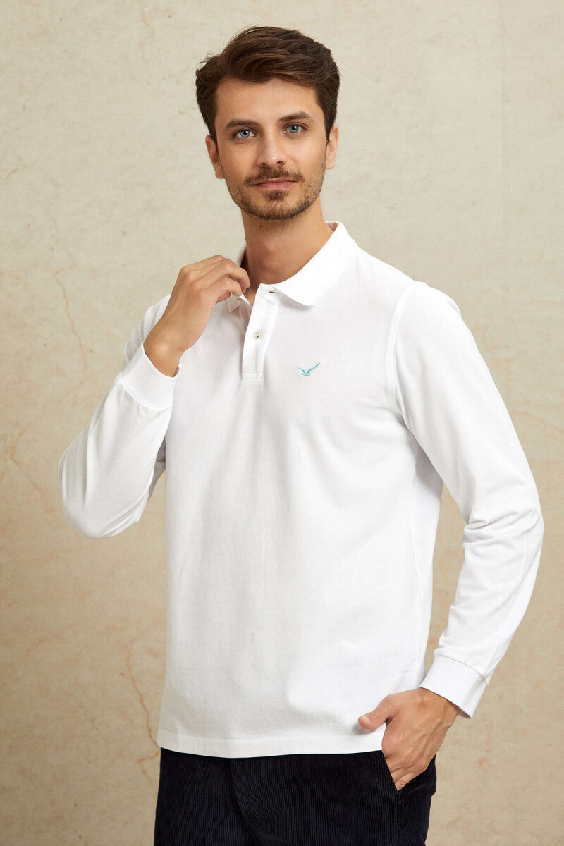 Beyaz %100 Pamuk Polo Sweatshirt - 5