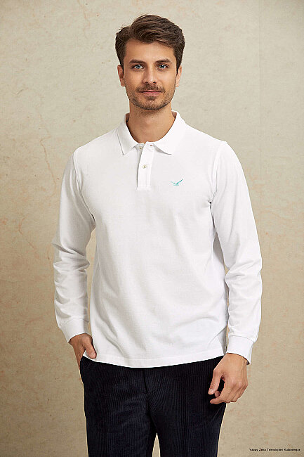 Beyaz %100 Pamuk Polo Sweatshirt 