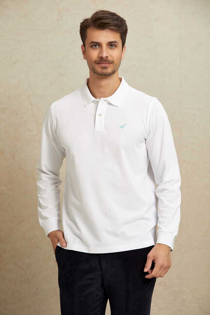 Beyaz %100 Pamuk Polo Sweatshirt - 1