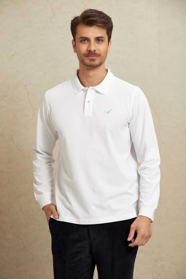Beyaz %100 Pamuk Polo Sweatshirt
