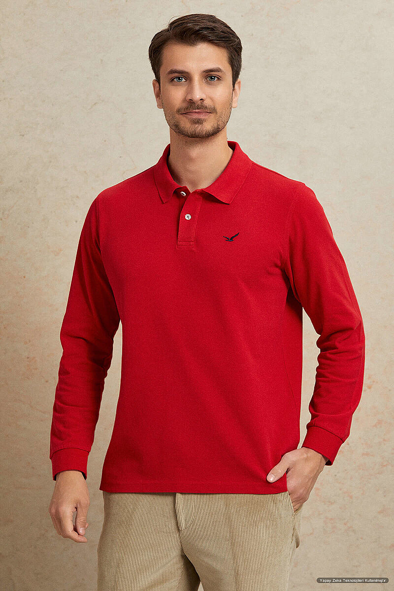 Kırmızı %100 Pamuk Polo Sweatshirt (1)