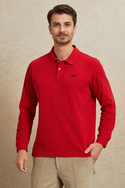 Kırmızı %100 Pamuk Polo Sweatshirt 