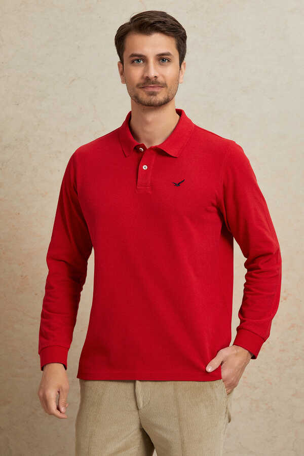 Kırmızı %100 Pamuk Polo Sweatshirt