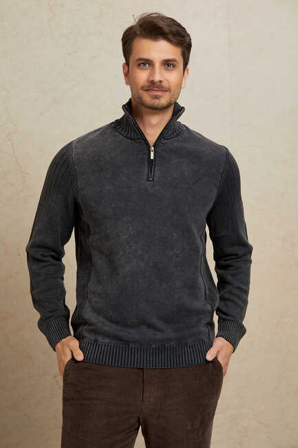 Anthracite 100% Cotton Half-Zip Sweater - 1