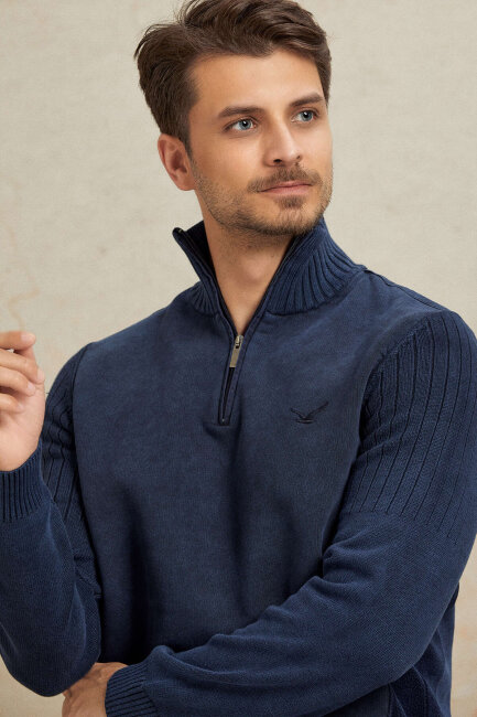 Navy Blue 100% Cotton Half-Zip Sweater - 2