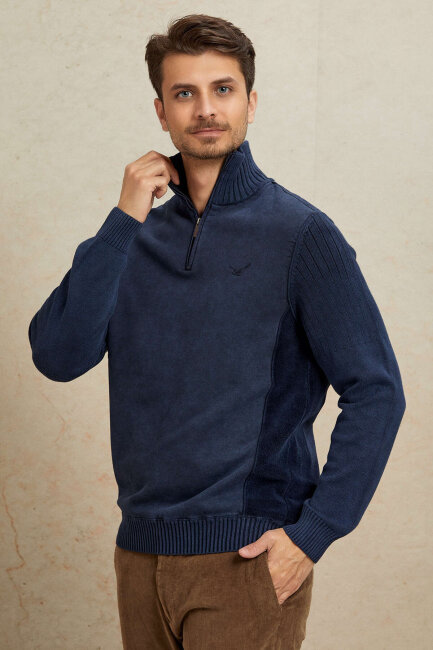 Navy Blue 100% Cotton Half-Zip Sweater - 3