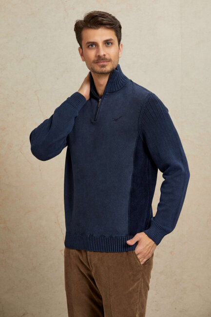 Navy Blue 100% Cotton Half-Zip Sweater - 4