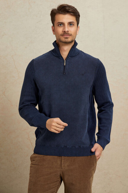 Navy Blue 100% Cotton Half-Zip Sweater - 5