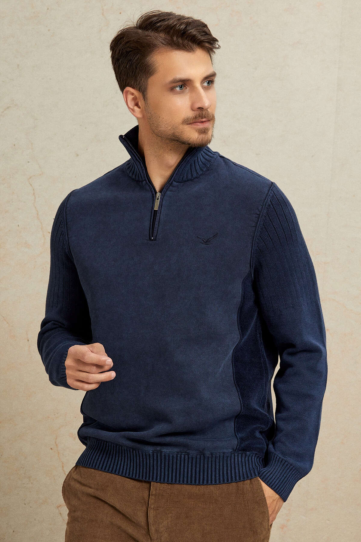 Navy Blue 100% Cotton Half-Zip Sweater - 1