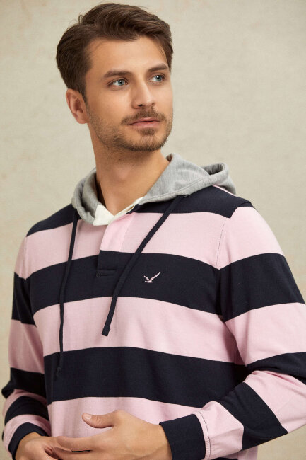 Navy Blue - Pink 100% Cotton Hooded Sweatshirt - 2