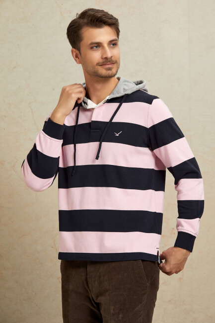 Navy Blue - Pink 100% Cotton Hooded Sweatshirt - 4
