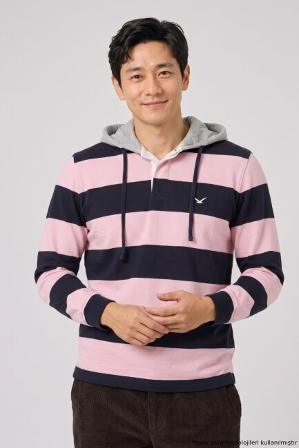 Navy Blue - Pink 100% Cotton Hooded Sweatshirt