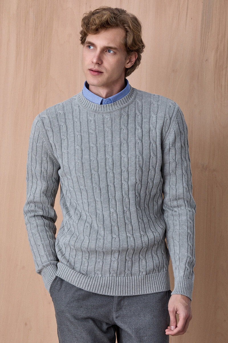 Grey Braided 100% Cotton Crew Neck Sweater - 1