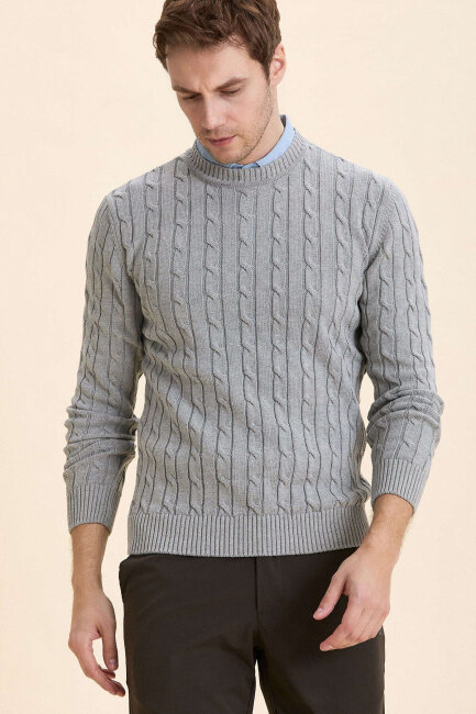 Grey Braided 100% Cotton Crew Neck Sweater - 2