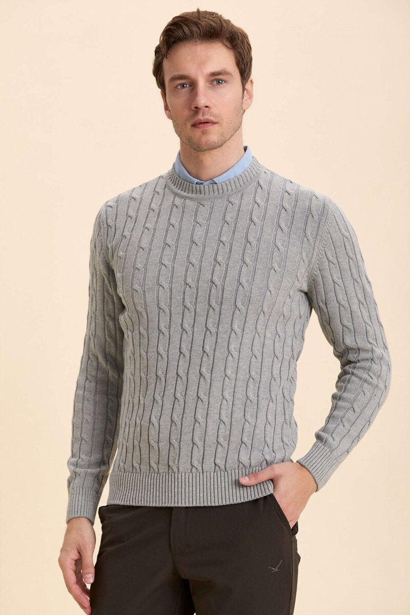 Grey Braided 100% Cotton Crew Neck Sweater - 3