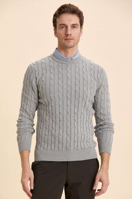 Grey Braided 100% Cotton Crew Neck Sweater - 4