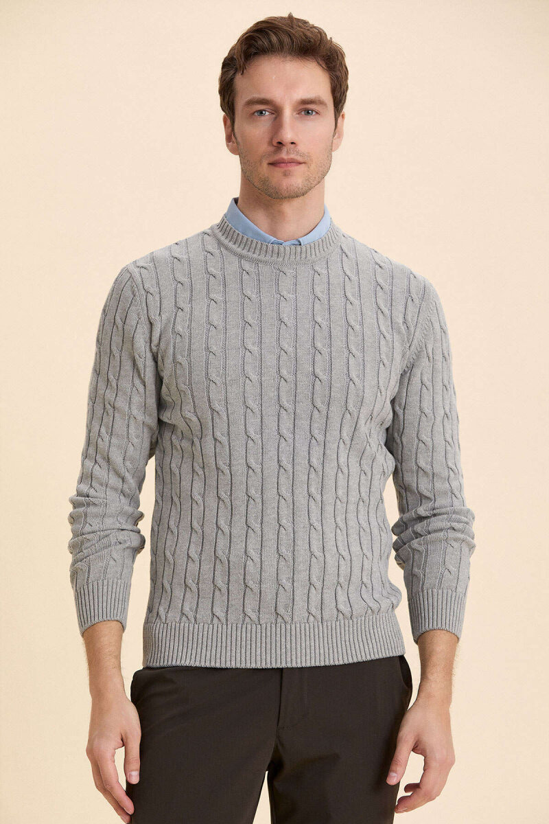 Grey Braided 100% Cotton Crew Neck Sweater - 4