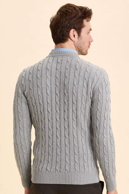 Grey Braided 100% Cotton Crew Neck Sweater - 5