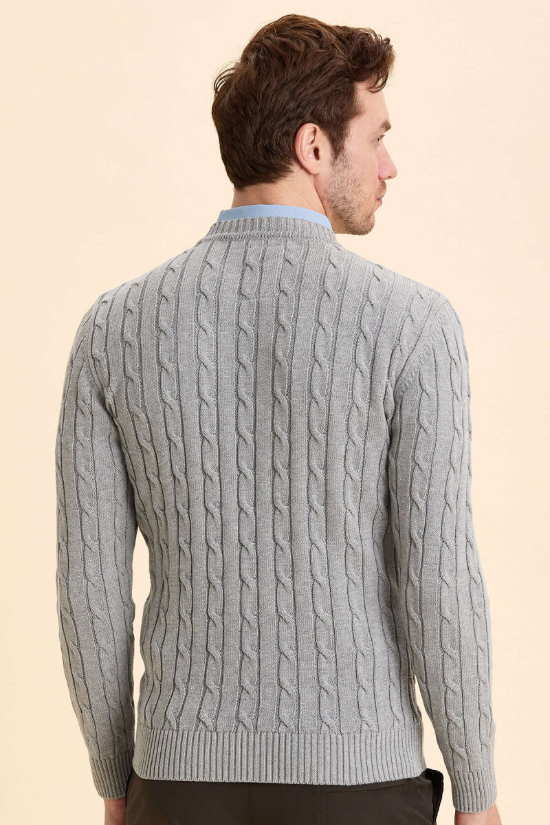 Grey Braided 100% Cotton Crew Neck Sweater - 5