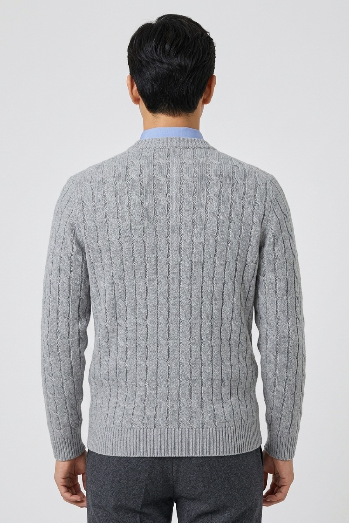 Grey Braided 100% Cotton Crew Neck Sweater - 3