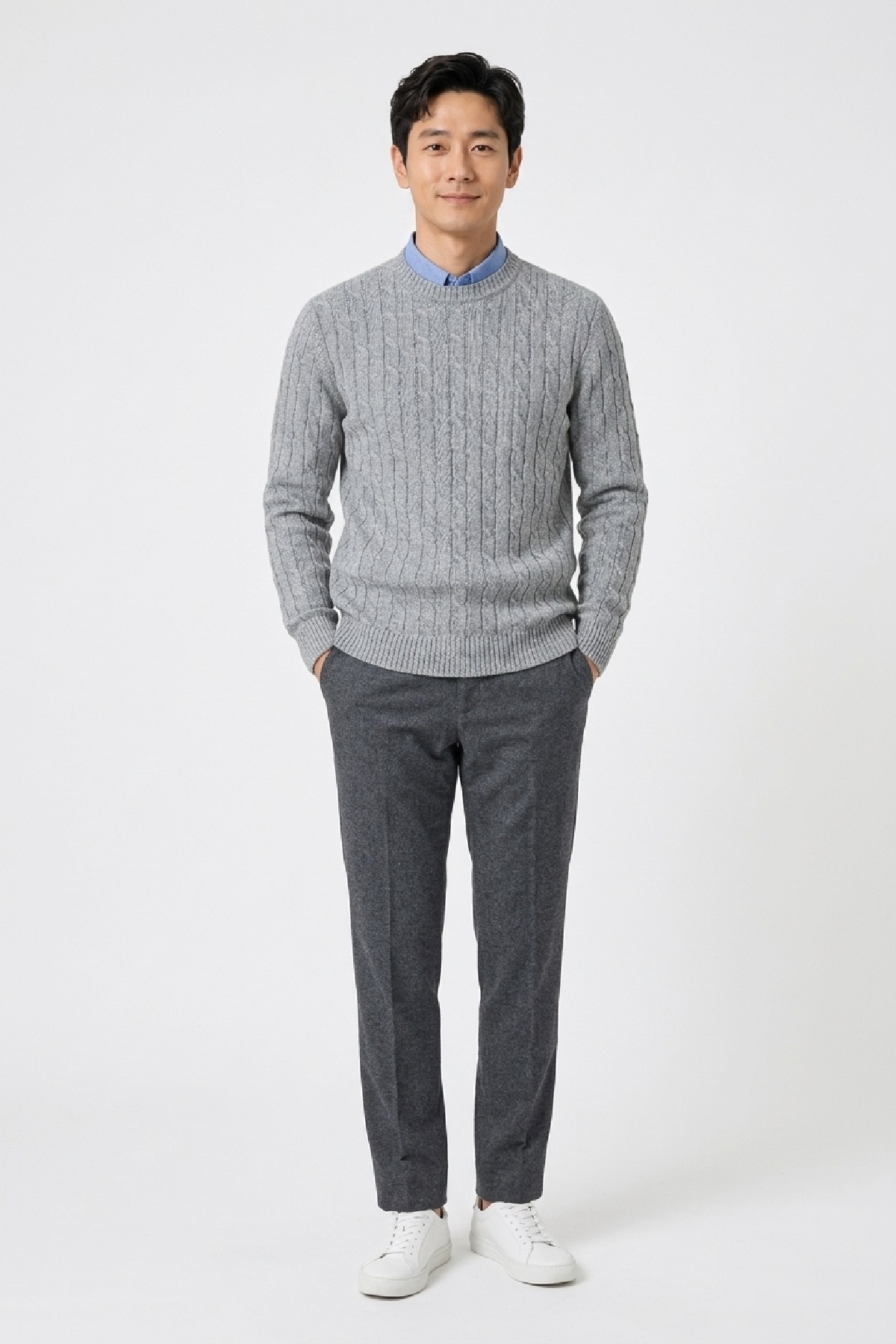 Grey Braided 100% Cotton Crew Neck Sweater - 2