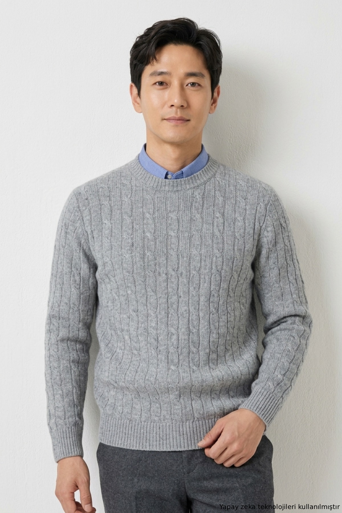 Grey Braided 100% Cotton Crew Neck Sweater - 1