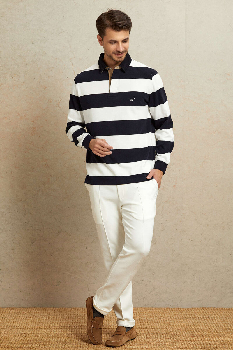 Navy Blue - Ecru 100% Cotton Velvet Collar Sweatshirt - 3