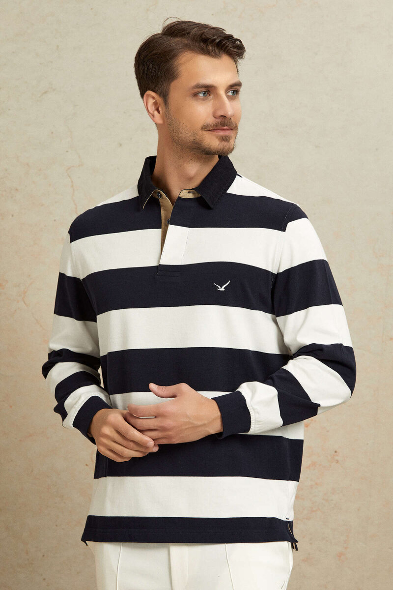 Navy Blue - Ecru 100% Cotton Velvet Collar Sweatshirt - 4