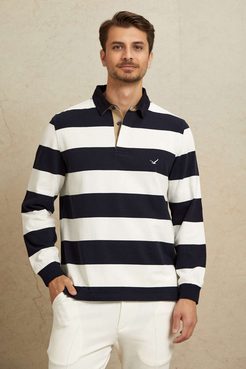 Navy Blue - Ecru 100% Cotton Velvet Collar Sweatshirt - 5