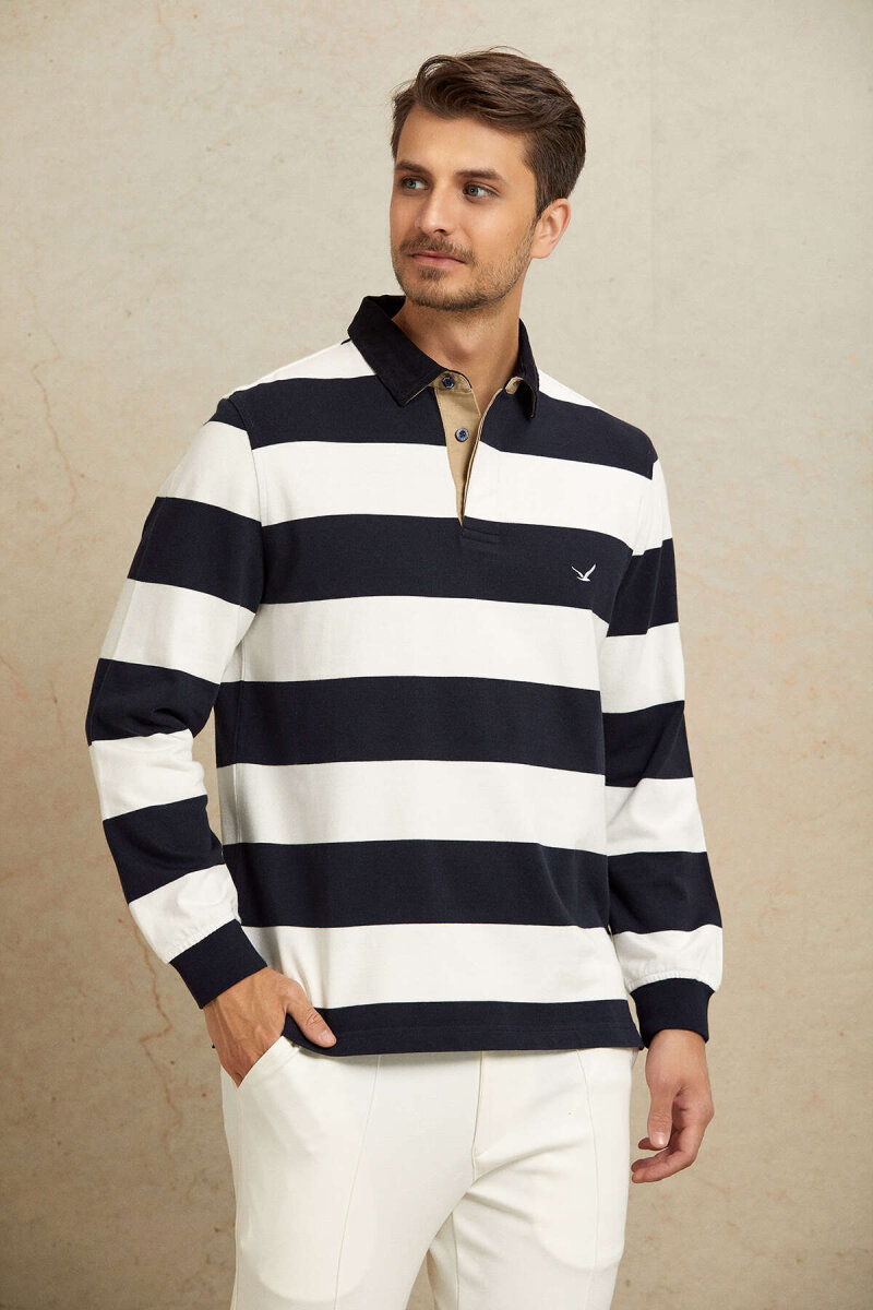 Navy Blue - Ecru 100% Cotton Velvet Collar Sweatshirt - 6