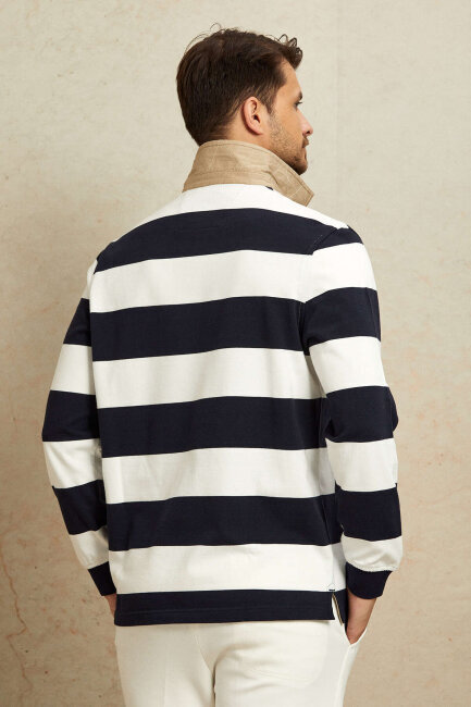 Navy Blue - Ecru 100% Cotton Velvet Collar Sweatshirt - 7