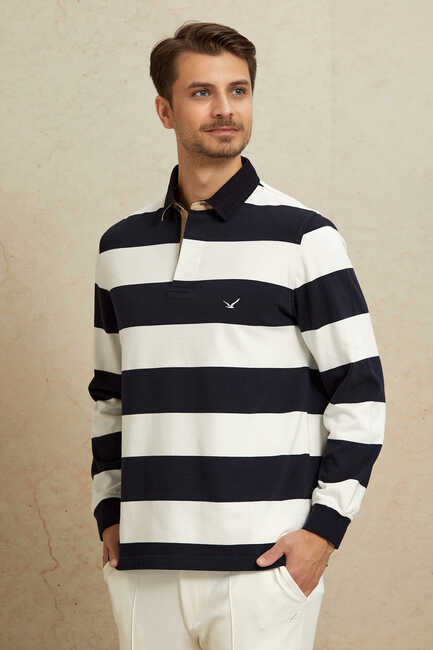 Navy Blue - Ecru 100% Cotton Velvet Collar Sweatshirt 