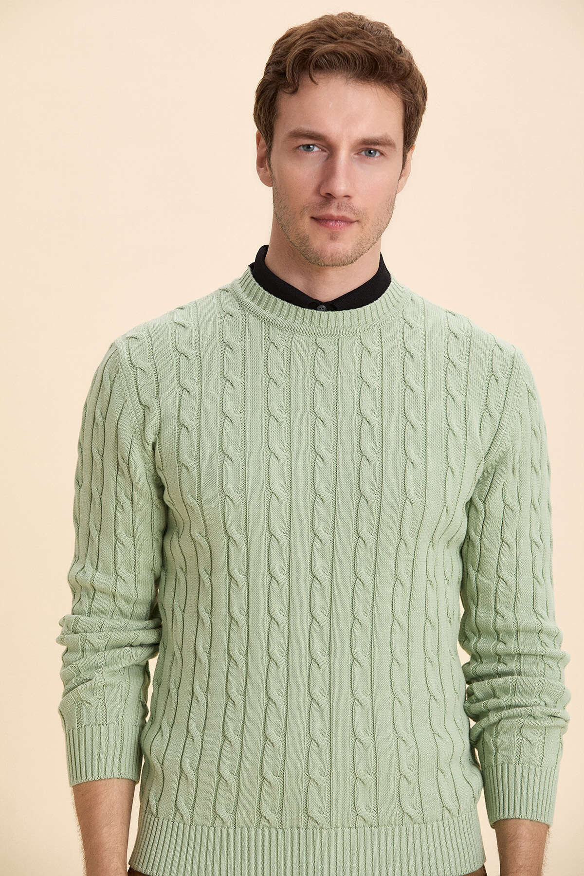 Light Green 100% Cotton Cable Knit Crew Neck Sweater - 2