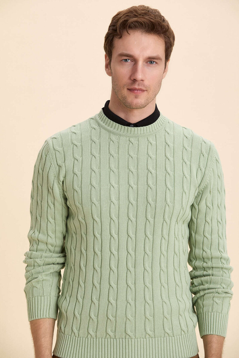 Light Green 100% Cotton Cable Knit Crew Neck Sweater - 2
