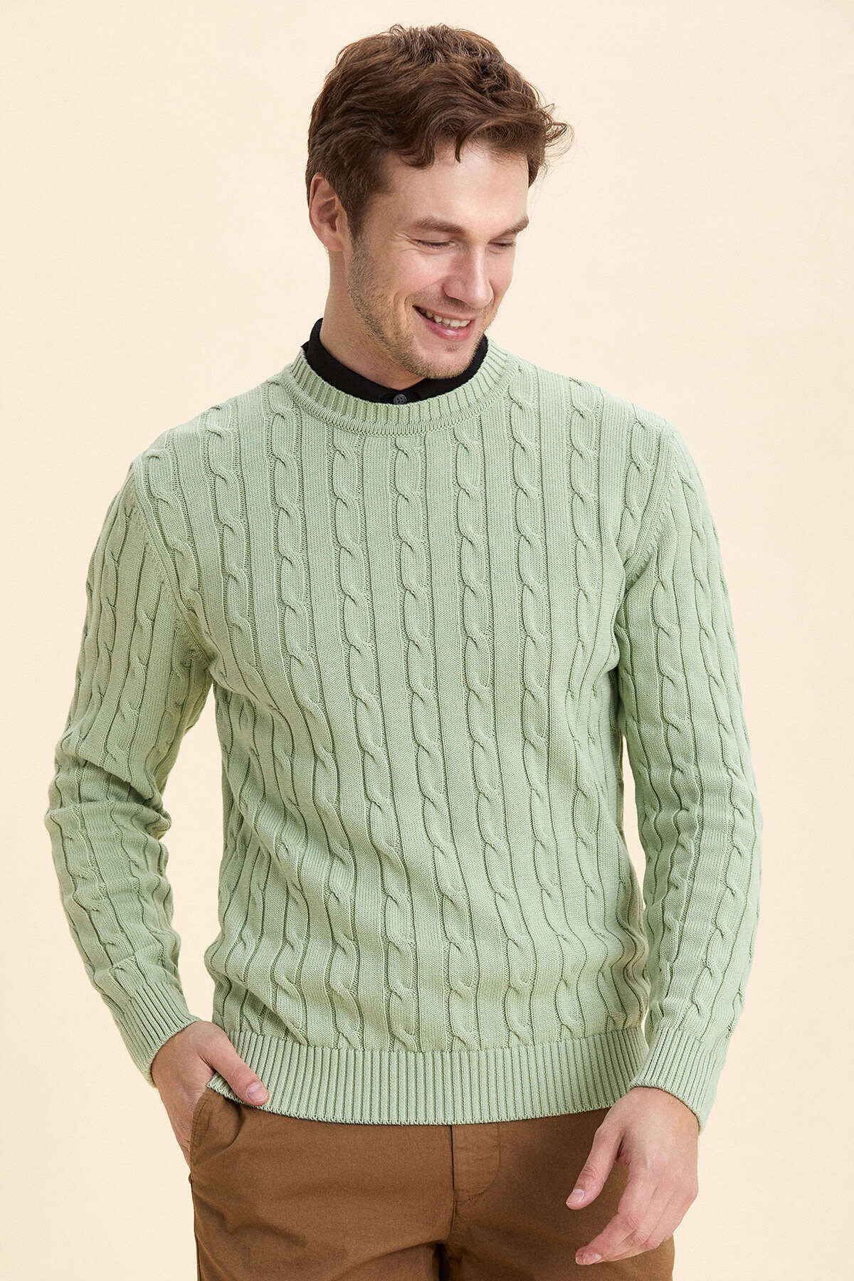 Light Green 100% Cotton Cable Knit Crew Neck Sweater - 3
