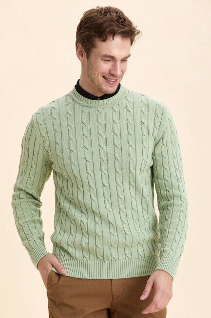 Light Green 100% Cotton Cable Knit Crew Neck Sweater - 3