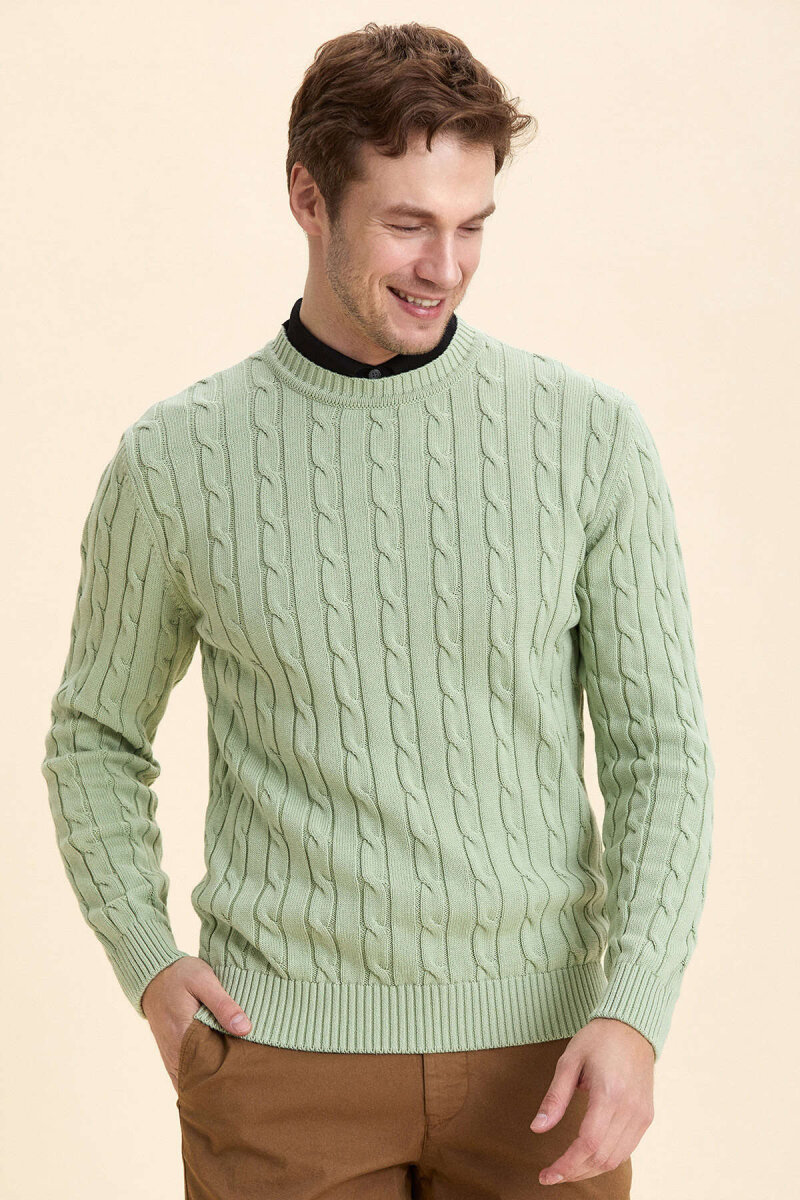 Light Green 100% Cotton Cable Knit Crew Neck Sweater - 3