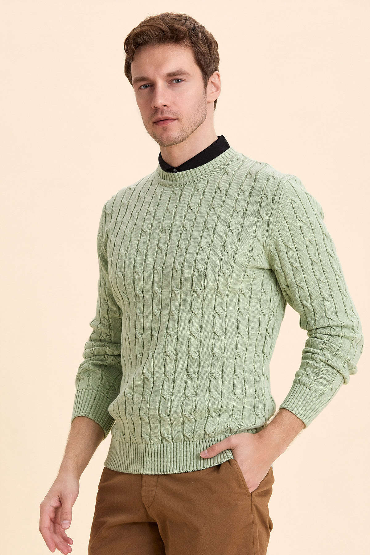 Light Green 100% Cotton Cable Knit Crew Neck Sweater - 4