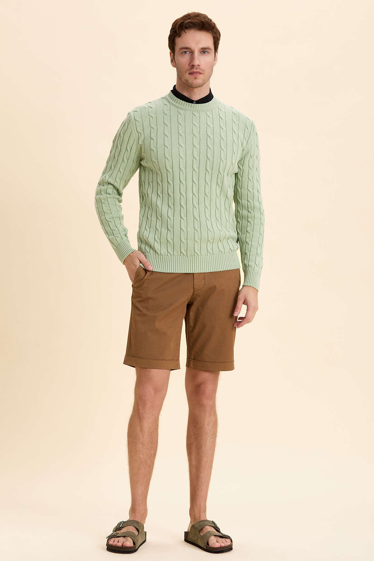 Light Green 100% Cotton Cable Knit Crew Neck Sweater - 5